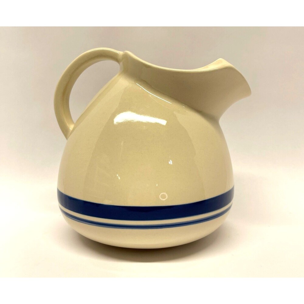 Vintage Friendship Pottery Stoneware Pitcher Blue Stripe FP Roseville Ohio